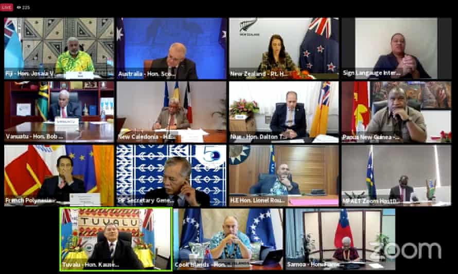 Leaders from Pacific countries, including Scott Morrison and Jacinda Ardern join the Pacific Islands Forum leaders meeting, held on Zoom on Friday 6 August.