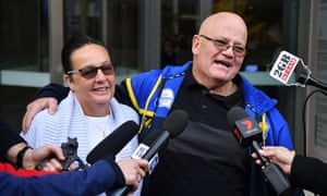 Victim Wayne Greenhalgh (right) and his wife Bronwen Greenhalgh speak to the media as they leave Parramatta court on Wednesday.