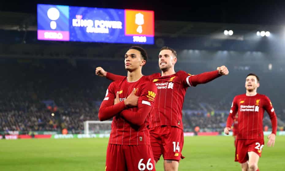 Trent Alexander-Arnold celebrates scoring Liverpool’s fourth goal against Leicester on Boxing Day.
