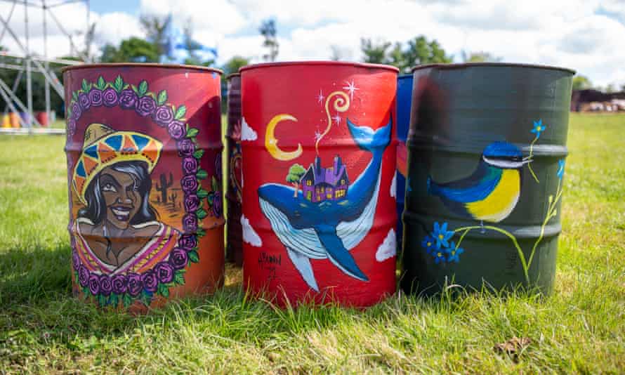 A trio of bins painted by the professional bin painter team