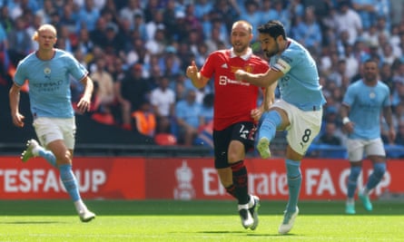 Manchester City’s Ilkay Gundogan scores their first goal against Manchester United in the 2023 FA Cup final