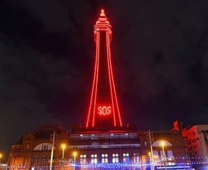 Blackpool Tower lit up with the message SOS to highlight the plight of the tourism industry, as more than 1,000 businesses have written to Boris Johnson to call for extra support for the resort while it is subject to tier 3 restrictions.