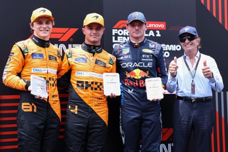 Lando Norris, with Oscar Piastri, Max Verstappen and Emerson Fittipaldi after the sprint race.