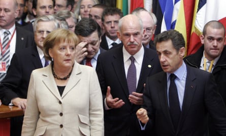 Angela Merkel in 2010 with then Greek president George Papandreou and French president Nicolas Sarkozy at an EU summit in Brussels.