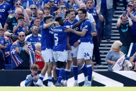 George Hirst and his Ipswich Town teammates celebrate after he gave the home side an early lead.