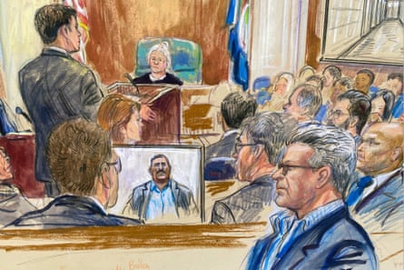 Court sketch showing plaintiff giving evidence on screen. 