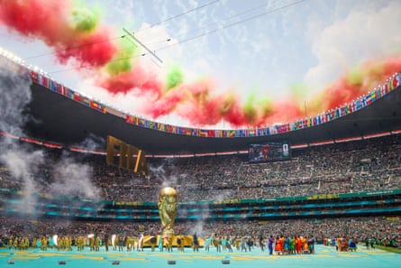 Fireworks go off at the Estadio Azteca.