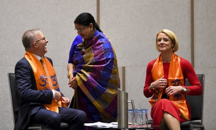 Labor’s Anthony Albanese and Kristina Keneally are welcomed during a meeting with members of the Hindu Council of Australia in Parramatta on 6 May.