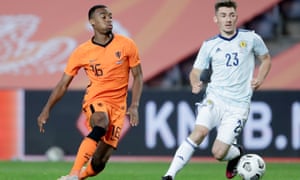 Holland v Scotland -International Friendly<br>ALMANCIL, PORTUGAL - JUNE 2: (L-R) Ryan Gravenberch of Holland, Billy Gilmour of Scotland during the International Friendly match between Holland v Scotland at the Estadio Algarve on June 2, 2021 in Almancil Portugal (Photo by Eric Verhoeven/Soccrates/Getty Images)