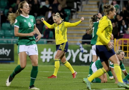 Sweden’s Stina Blackstenius celebrates after her shot is deflected into the Republic of Ireland’s net for the only goal of the game in their Women’s World Cup qualifier last October.