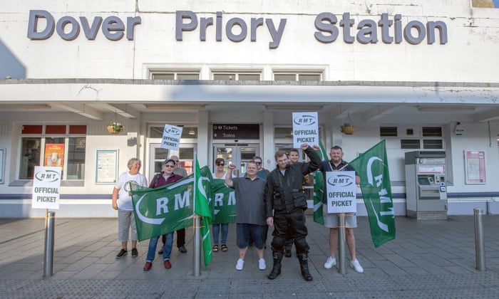Railway workers and the RMT union striking at Dover Priory Station today