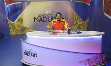 Venezuela’s president Nicolas Maduro speaks during his weekly broadcast “en contacto con Maduro”.