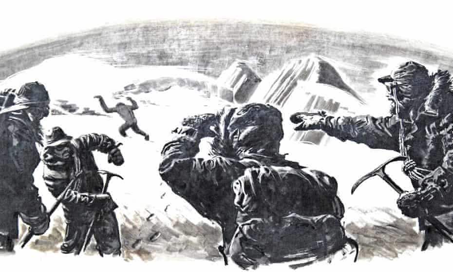 A 1950s depiction of mountain climbers in the Himalayas spotting a yeti or abominable snowman.
