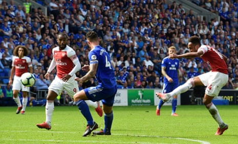 Arsenal’s Pierre-Emerick Aubameyang scores their second goal.