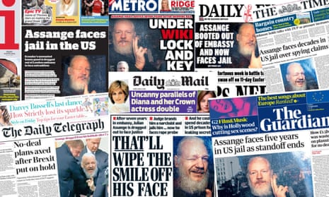 Front pages of the UK papers on Friday, 12 April, following the arrest of Julian Assange