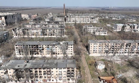 A view of destroyed buildings in Vuhledar, Ukraine.