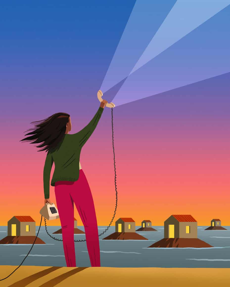 Illustration of woman holding phone up to lots of houses