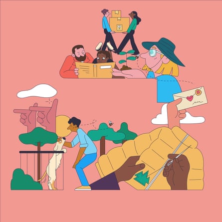An illustration of people carrying moving boxes, mending a jumper, petting a dog