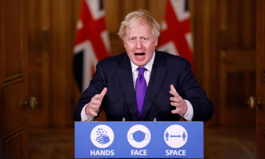 The prime minister Boris Johnson during a media briefing on coronavirus in Downing Street as politicians continued to link the speed of licensing the vaccine to UK’s exit from the European Union.