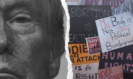 Composite de la cara de Donald Trump a la izquierda y carteles pro-elección a la derecha