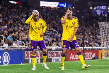 Minnesota United FC v Orlando City SCAntoine Griezmann #7 of Orlando City celebrates scoring his team's second goal with teammate Justin Ellis #22 during the MLS match between Minnesota United FC and Orlando City SC at Allianz Field on August 29, 2026 in St Paul, Minnesota. (Photo by Mark Thorstenson - Orlando City/MLS via Getty Images)
