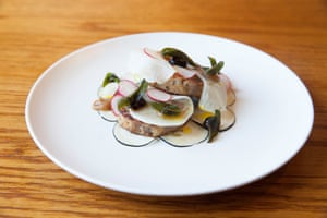 Pork belly with pickled radishes and apple.