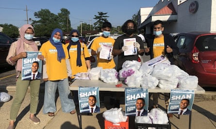 Volunteers for Long Island south Asian congressional candidate Shaniyat Chowdhury hand out gyros outside the legally mandated distance from a polling site in June.
