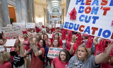 Teachers from Kentucky gather inside the state Capitol in April to rally for increased funding. 