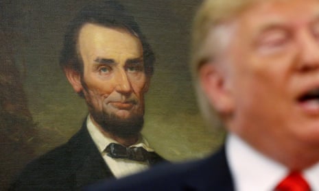 A portrait of Abraham Lincoln hangs in the background as Donald Trump speaks at the White House.