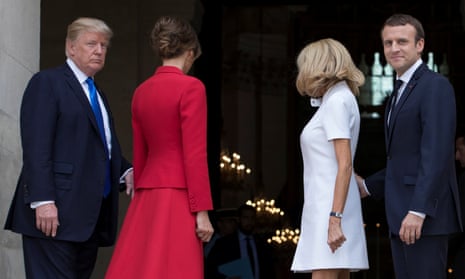 French President Emmanuel Macron and his wife Brigitte pose with U.S. First Lady Melania Trump and U.S President Donald Trump at Les Invalides museum in Paris<br>French President Emmanuel Macron (R) and his wife Brigitte pose with U.S. First Lady Melania Trump and U.S President Donald Trump (L) at Les Invalides museum in Paris, France, July 13, 2017.    REUTERS/Ian Langsdon/Pool
