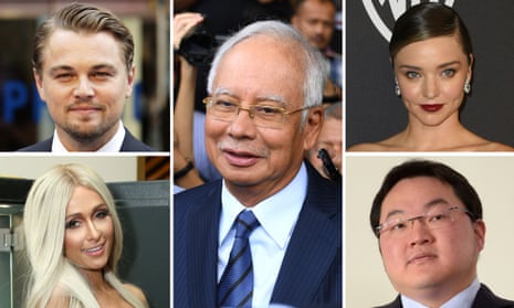 (M) Former Malaysian prime minister Najib Razak. (L-Top) Leonardo di Caprio. (L-Bottom) Paris Hilton. (R-Top) Miranda Kerr. (R-Bottom) Jho Low, fugitive connected with the Malaysian 1MDB scandal.