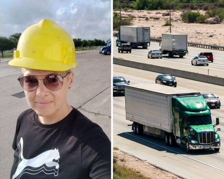 a composite image showing a woman in a hard hat on the left and trucks and cars on a highway on the right
