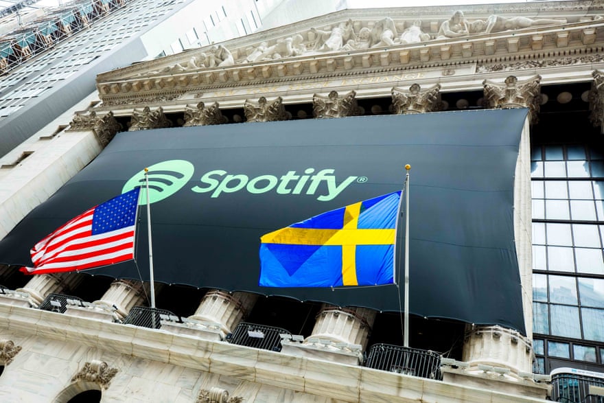The Spotify logo on the facade of the New York Stock Exchange, as it celebrated its stock exchange listing in April 2018.