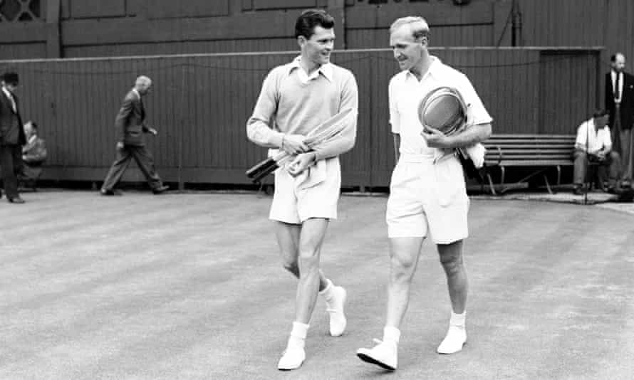 Budge Patty, left, and John Bromwich walk on to the court together in 1947.