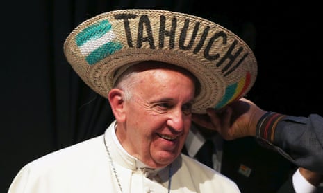 Pope Francis receives a typical sombrero in Santa Cruz<br>Pope Francis receives a typical sombrero from Bolivian President Evo Morales during a World Meeting of Popular Movements in Santa Cruz, Bolivia, July 9, 2015. The word “Tahuichi” is from the Tupi-Guarani and means “Big Bird”. REUTERS/Alessandro Bianchi