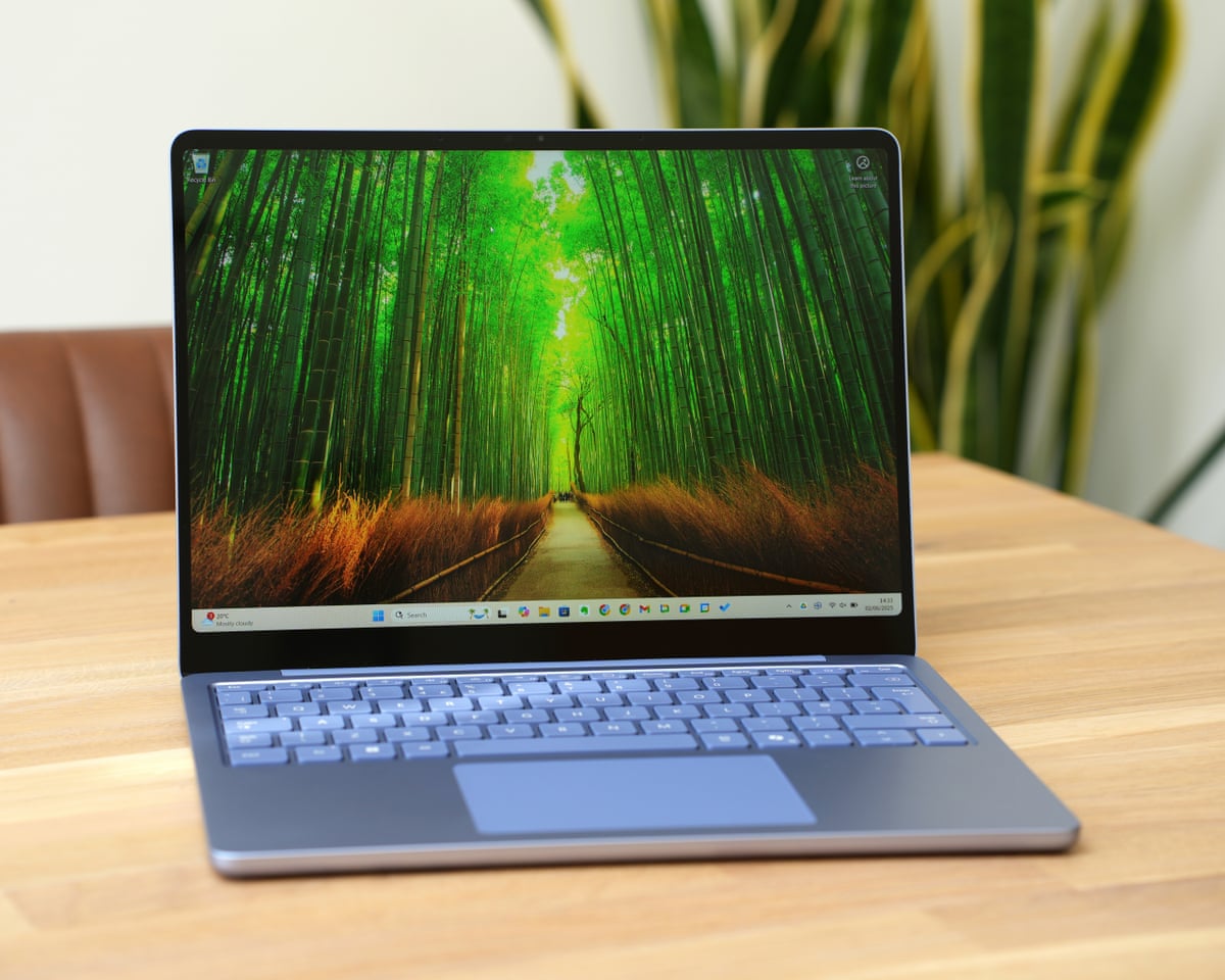 A Microsoft Surface laptop on a table in front of a plant