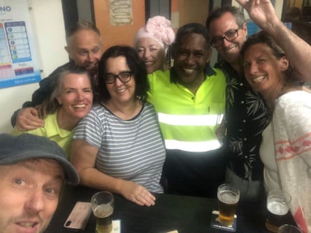 Kathy Mikkelsen and friends, with Ibrahim, the Safeway trolley attendant who hosted them in Bega on New Year’s Eve, after they evacuated Mallacoota and then Tathra