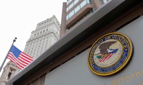 Seal of the United States Department of Justice is seen on the building exterior of the US attorney's office of the southern district of New York.