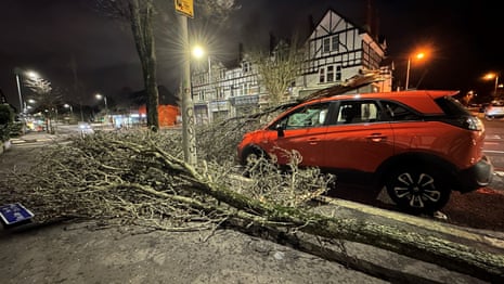 A car damaged by a fallen tree branch in Belfast during Storm Isha on Sunday.