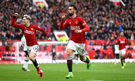 Bruno Fernandes celebrates scoring Manchester United’s first goal.