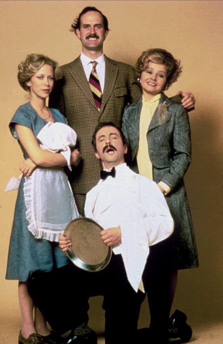 Prunella Scales with John Cleese, Connie Booth and Andrew Sachs on Fawlty Towers.