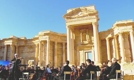 A Russian orchestra plays in the ruins of Palmyra in 2016.
