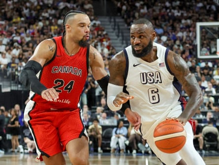 LeBron James of the United States drives against Dillon Brooks of Canada in the second half of Wednesday’s exhibition in Las Vegas.