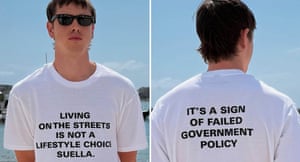 Harris Dickinson wore a slogan T shirt protesting homelessness comments by Suella Braverman at the press call for his directorial debut for Urchin