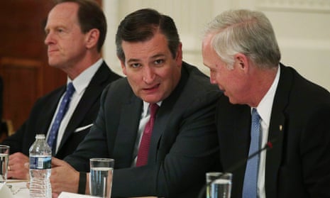 U.S. Sen. Pat Toomey (R-PA), Sen. Ted Cruz (R-TX) and Sen. Ron Johnson (R-WI) wait for the beginning of a meeting with U.S. President Donald Trump at the East Room of the White House June 27, 2017 in Washington, DC. Ted Cruz loves the climate myth debunked by Santer et al. (2017)