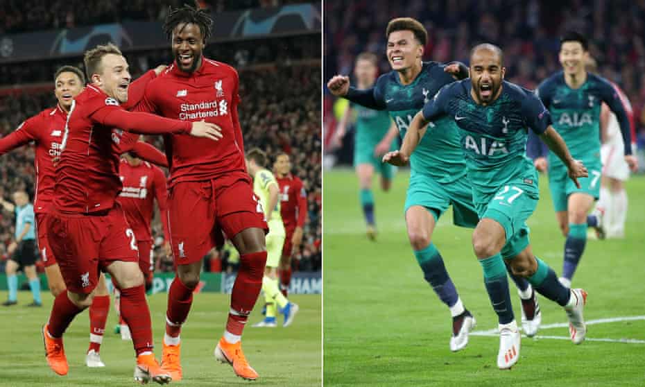 A composite of Liverpool's Divock Origi and Tottenham Hotspurs' Lucas Moura goal celebrations during Champions League matches