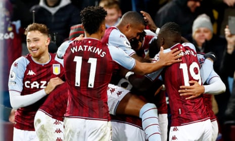 Aston Villa's Ezri Konsa celebrates scoring.