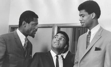 Muhammad Ali, flanked by basketball players Bill Russell and Lew Alcindor (Kareem Abdul-Jabbar).
