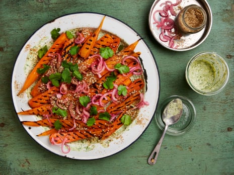 Yotam Ottolenghi’s griddled carrots with red onion pickle and coriander yogurt