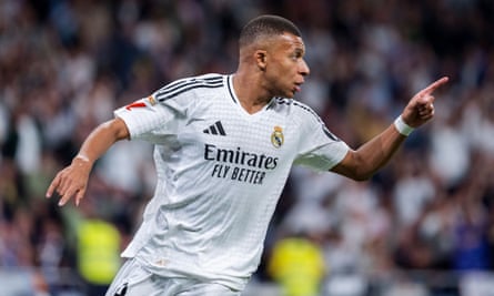 The Real Madrid football player Kylian Mbappé celebrates a goal